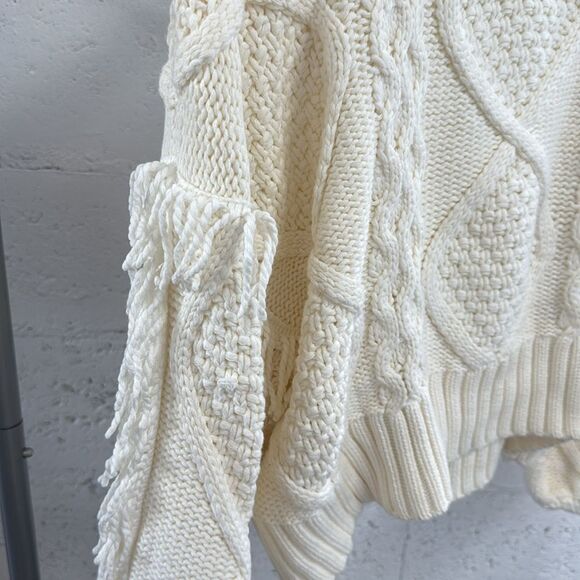 Cozy Cream Cable Knit Sweater - Line & Dot - Size Small Fringe Pullover - NWOT - Picture 2 of 4